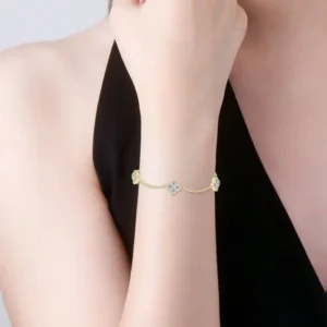 Women’s 925 Silver Clover Moissanite Bracelet – 18K Gold Plated