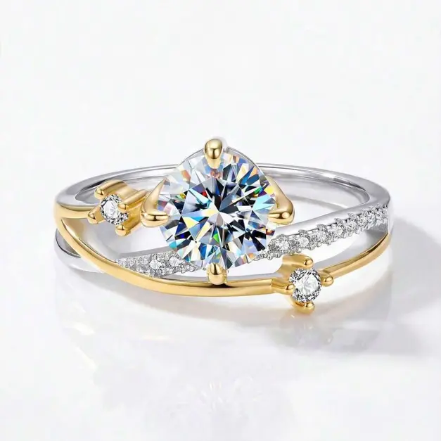 1CT Round Moissanite Star Trail Sterling Silver Ring