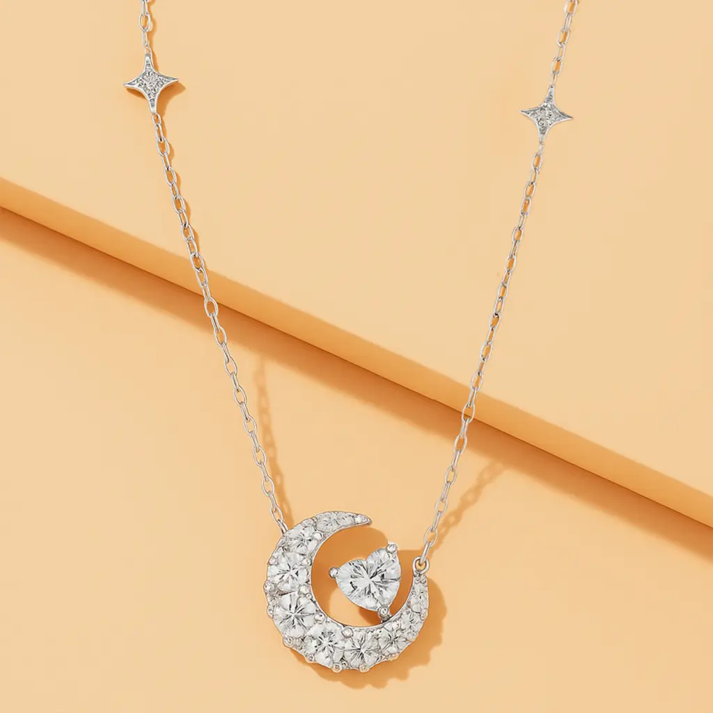 Moissanite Moon & Heart Necklace